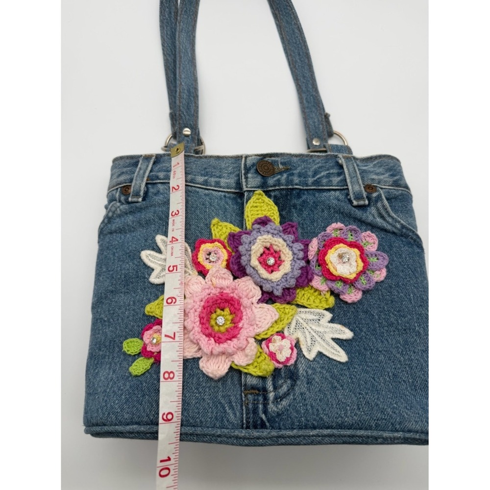 Hand & Heart Walnut CA Hand Made Crochet Floral Denim Shoulder Bag - Picture 3 of 11